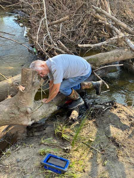 A volunteer checking a water-quality meter beside a fallen log